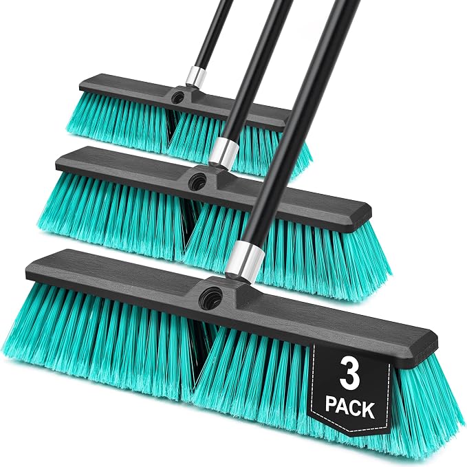 TidyBliss 18” Push Broom Outdoor Heavy Duty 3 Pack, Large Commercial Stiff Bristle Brush with 63 inches Long Handle for Garage Shop Garden Yard Patio Deck Street Warehouse Lawn Driveway (Green)