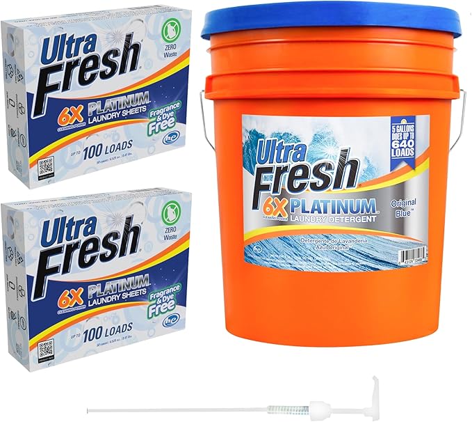 Ultra Fresh 6X Platinum 5 Gal Laundry Detergent, Original Blue Bundled with 2 Pack Platinum 6X Laundry Detergent Sheets with Fragrance and Dye Free