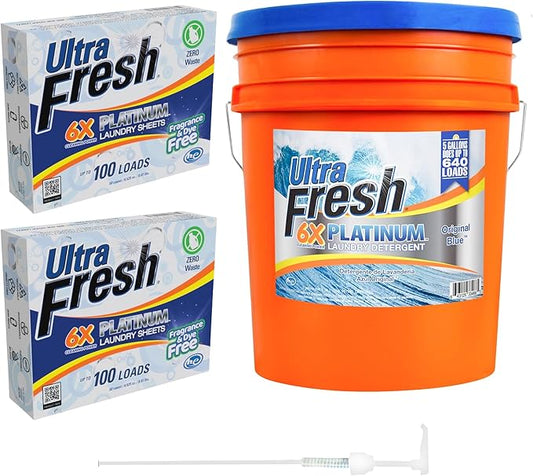 Ultra Fresh 6X Platinum 5 Gal Laundry Detergent, Original Blue Bundled with 2 Pack Platinum 6X Laundry Detergent Sheets with Fragrance and Dye Free