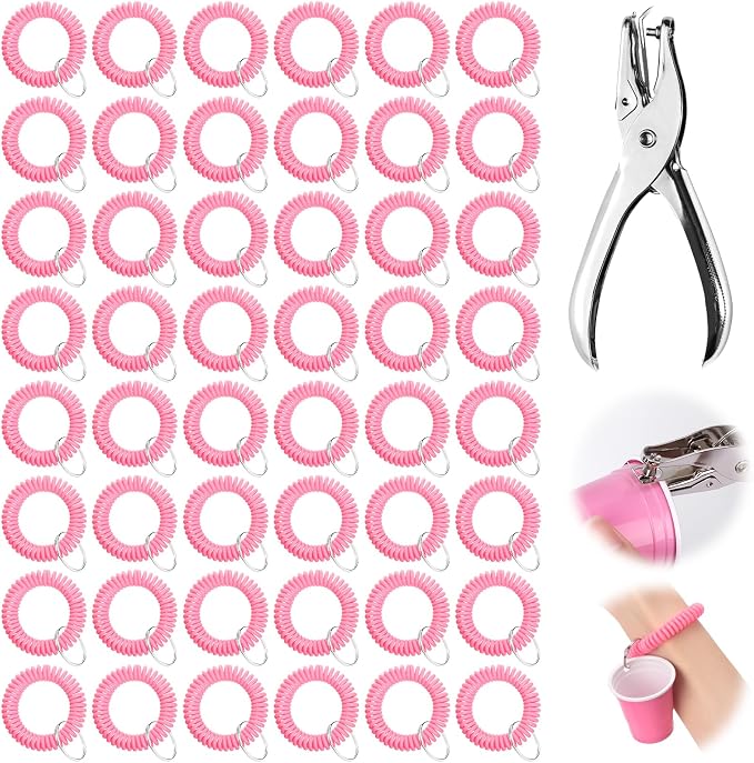 50 Pcs Pink Stretchable Wristband for Shot Cups Wrist Coil Keychain with Hole Puncher Plastic Wristlet Keychain Kit for Shot Tasting Glasses Sports Game Party Supplies