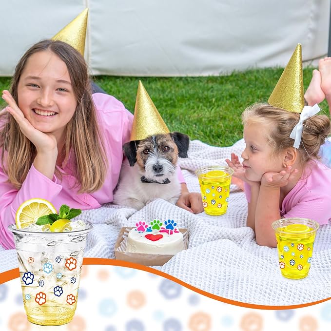 Uiifan 50 Pcs Blue Dog Paw Plastic Cups Paw Print Birthday Party Supplies 12 oz Disposable Plastic Puppy Cups Cartoon Blue Orange Party Decorations for Patter Hot Cold Drinking Ice Coffee