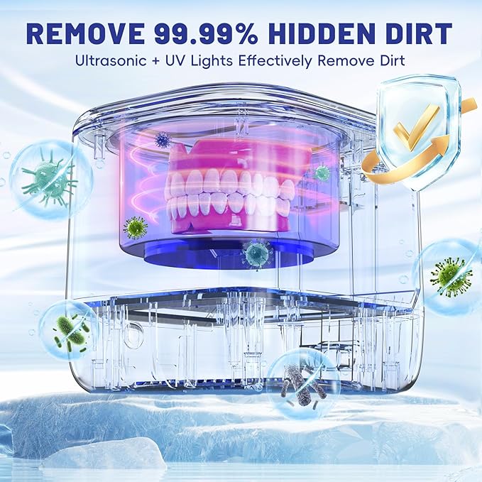 Sonolab Ultrasonic Retainer Cleaner Machine with Removable Tank and Cleaning Tablets, 45kHz Sonic Dental Cleaning Pod, 240ml Large Capacity Ultrasonic UV Cleaner for Dentures, Aligners, Mouth Guards