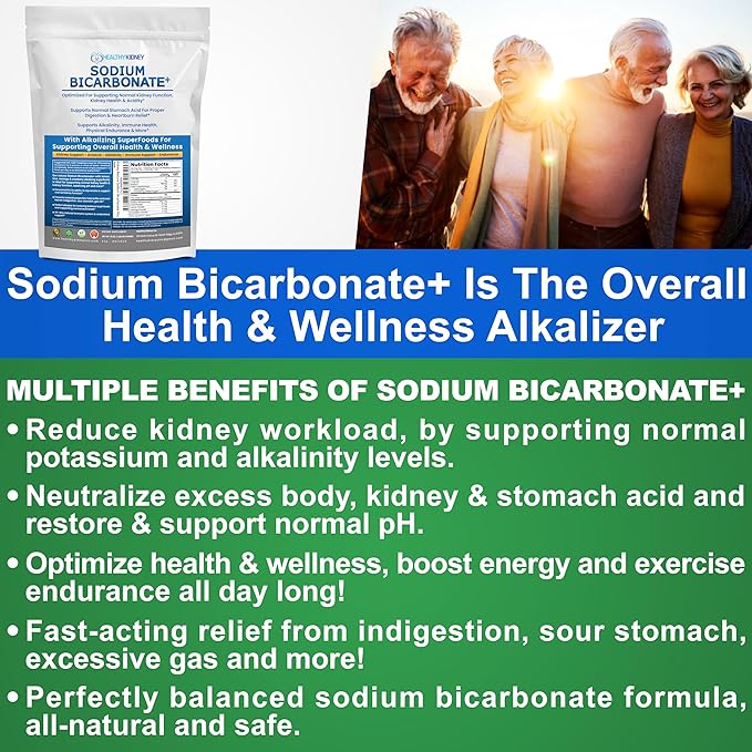 Organic Use Sodium Bicarbonate Alkaline Supplement for Alkalinity. Support Kidney & Stomach Acid Neutralizer w/Alkaline Superfoods. Sodium Bicarbonate Powder Kidney Immune Support Antacid Sport 1.5LB
