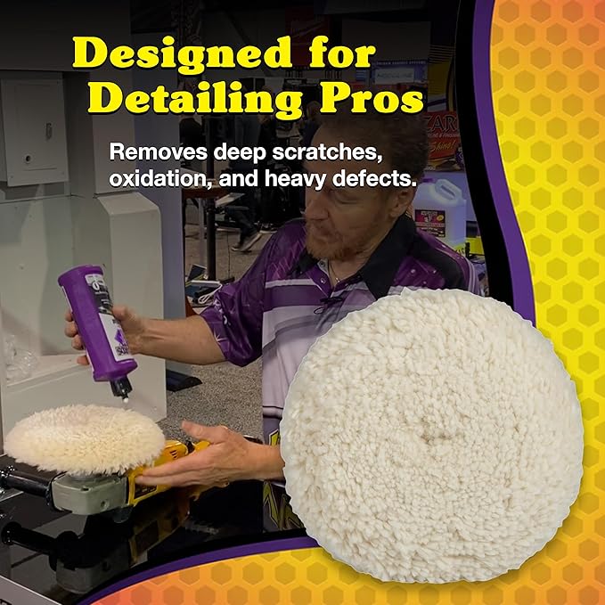 Wizards Fast Cut Wool Buffing Pad - Twisted Wool ‎and Velcro-Backed Wax Applicator Pad - for Auto Detailing, Cleaning and Protection - Aggressively Cuts Without Burning Paint - 7½" x 1"