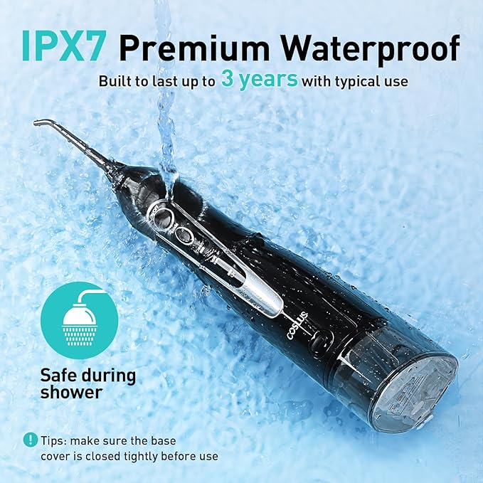 COSLUS Water Dental Flosser Teeth Pick C20: Portable Cordless Oral Irrigator 300ML Rechargeable Travel Irrigation Cleaner IPX7 Waterproof Electric Flossing Machine for Teeth Cleaning, Black