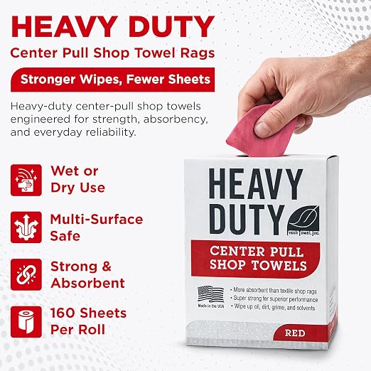 Fresh Towel Heavy Duty Center Pull Shop Towel Rags for Cleaning- (1 Box of 160 Sheets) Disposable Cleaning Towels - 9 x 12 inches - FT800 (Red)