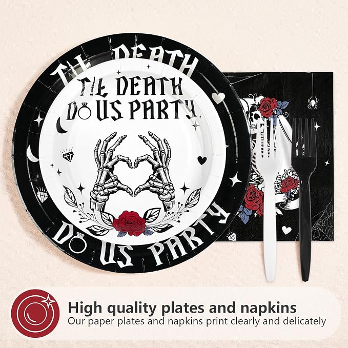 96Pcs Till Death Party Decorations Till Death Do Us Gothic Bachelorette Paper Plates and Napkins Bride or Die Decorations for Gothic Wedding Bachelorette Romantic Skeleton Party Supplies Serves 24