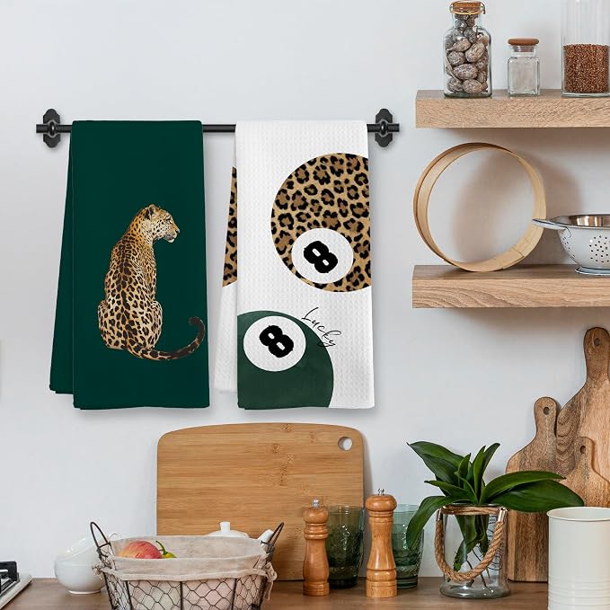 Trendy Leopard Cheetah Print Poker Lucky 8 Ball Decor Kitchen Towels and Dishcloths, Funky Dark Emerald Forest Green Leopard Decor Dish Hand Towels for Bathroom Kitchen Sets of 2, 16x24inch