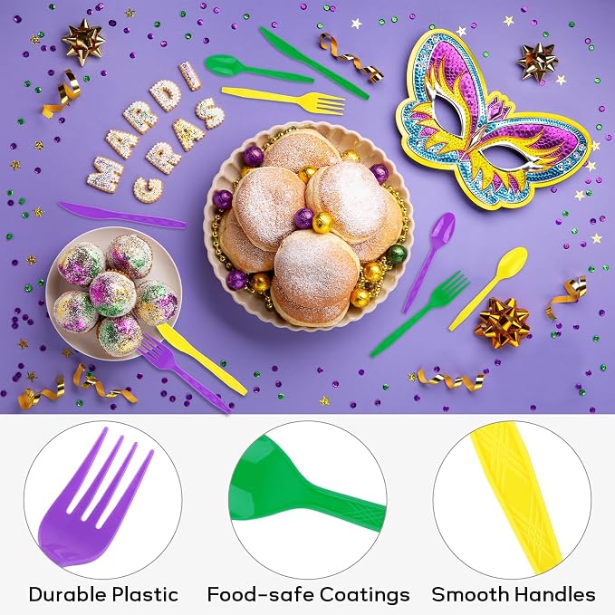 Kochorie 90 Pieces Mardi Gras Plastic Cutlery Set Purple Yellow Green Disposable Plastic Utensils Heavy Duty Flatware Set Include 30 Knives 30 Forks 30 Spoons for Carnival Masquerade Birthday Party