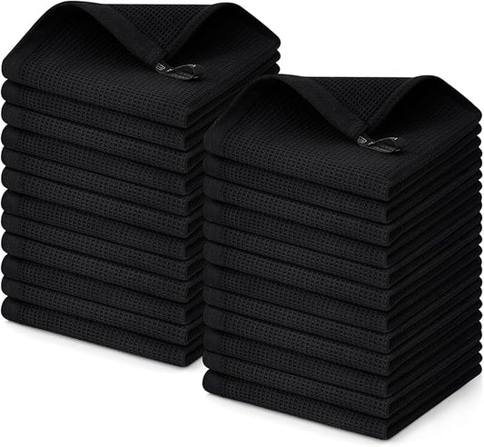 Homaxy 100% Cotton Waffle Weave Dish Cloths - 24 Pack Soft and Absorbent Dish Towels - 12 x 12 Inches Quick Dry Dish Rags - Black