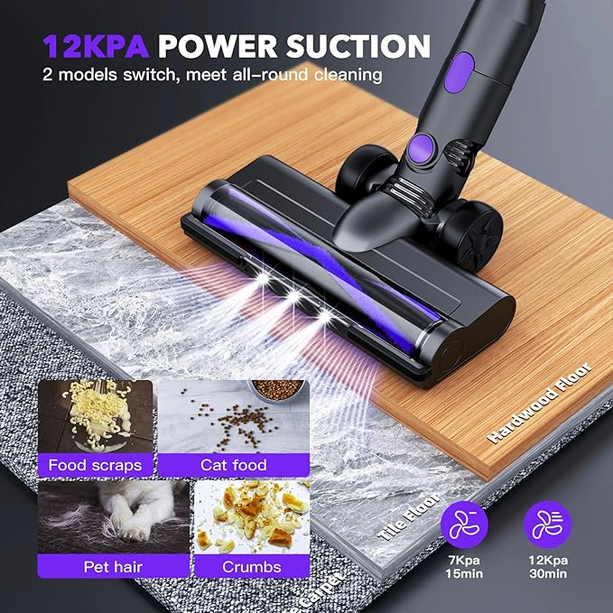 WLOTPO Cordless Vacuum Cleaner for Home,Lightweight Stick Vacuum Cordless Rechargeable with Power Suction, Up to 35 Mins Runtime, Hardwood Floor Vacuum for Pet Hair,Carpets,Tile(Purple)