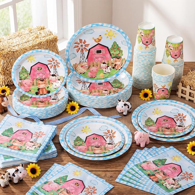 Pickmesh 250 Pcs Farm Animals Party Supplies Decorations Serve 50 Blue Farm Birthday Barn Animal Theme Disposable Paper Plates Napkins and Cups Dinnerware Cute Animal Baby Shower Party Decorations