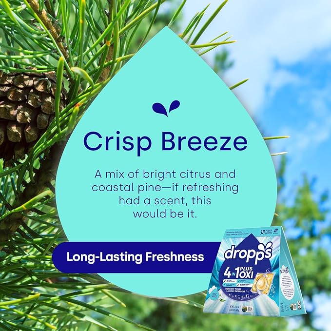 Dropps 4-in-1 Plus Oxi Laundry Detergent Pods, Crisp Breeze (38 Count) - Laundry Pods | Advanced Odor Defense | Fights Stains | Whitens & Brightens | Clean Ingredients | Plastic Free Packaging