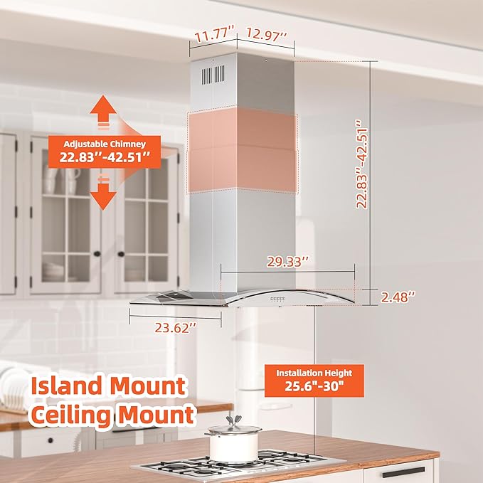 FIREGAS Island Range Hood 30 inch with 700 CFM, Ceiling Mount Kitchen Vent Hood Ducted/Ductless Convertible, Stainless steel stove hood with 3 speed fan, 4 lights, Tempered Glasss, Charcoal Filters