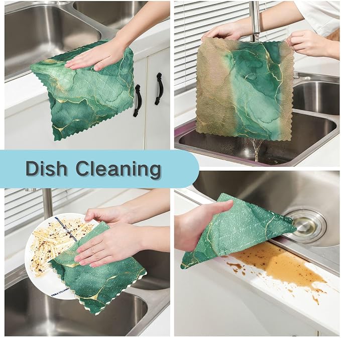senya Kitchen Dishcloths, Green Marble Texture Cloth Dish Towels 6 Pack Super Absorbent Dishtowels Reusable Cleaning Cloths
