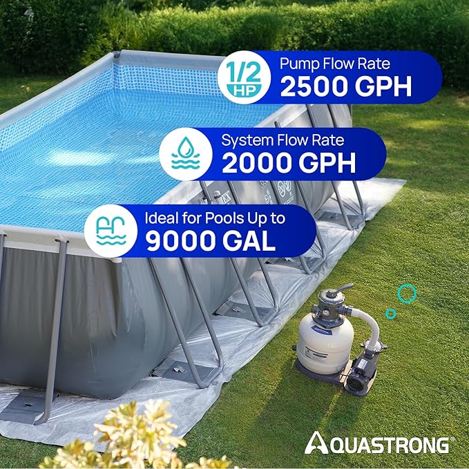 AQUASTRONG Sand Filter Pump for Above Ground Pool, 1/2 HP Pool Pump Above Ground 2500 GPH for Pools up to 9000GAL, 12in Pool Sand Filter with 6-Way Valve, Improved Circulation for Crystal-Clear Pool