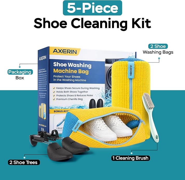 Shoe Washing Machine Bag for Washer and Dryer – AXERIN 5-Piece Kit | 2 Laundry Shoe Bags, 2 Shoe Trees & Brush, Reusable Sneaker Washing Bag, 360° Deep Clean for Sneakers, Tennis & All Shoes