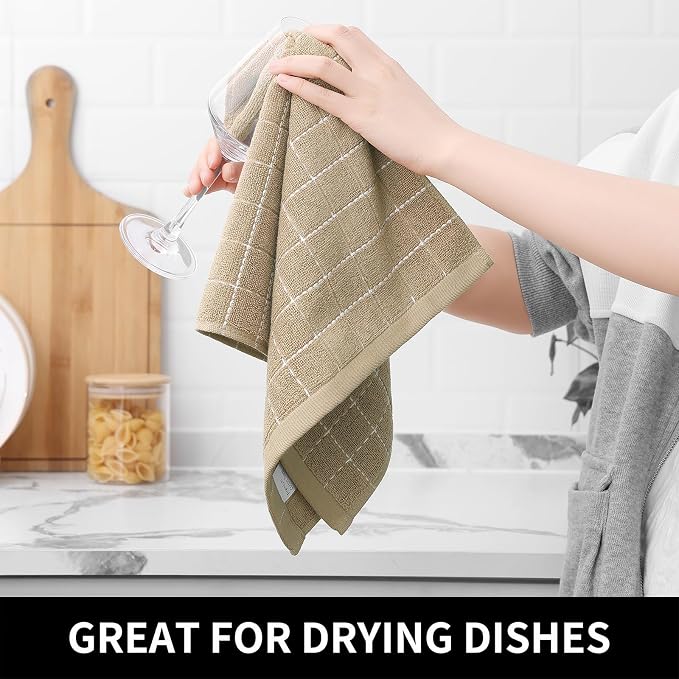 Homaxy Kitchen Towels and Dishcloths Set, 12 x 12 and 13 x 28 Inches, Set of 12 Bulk Cotton Terry Kitchen Towels Set, Checkered Designed, Soft and Super Absorbent Dish Towels, Tan