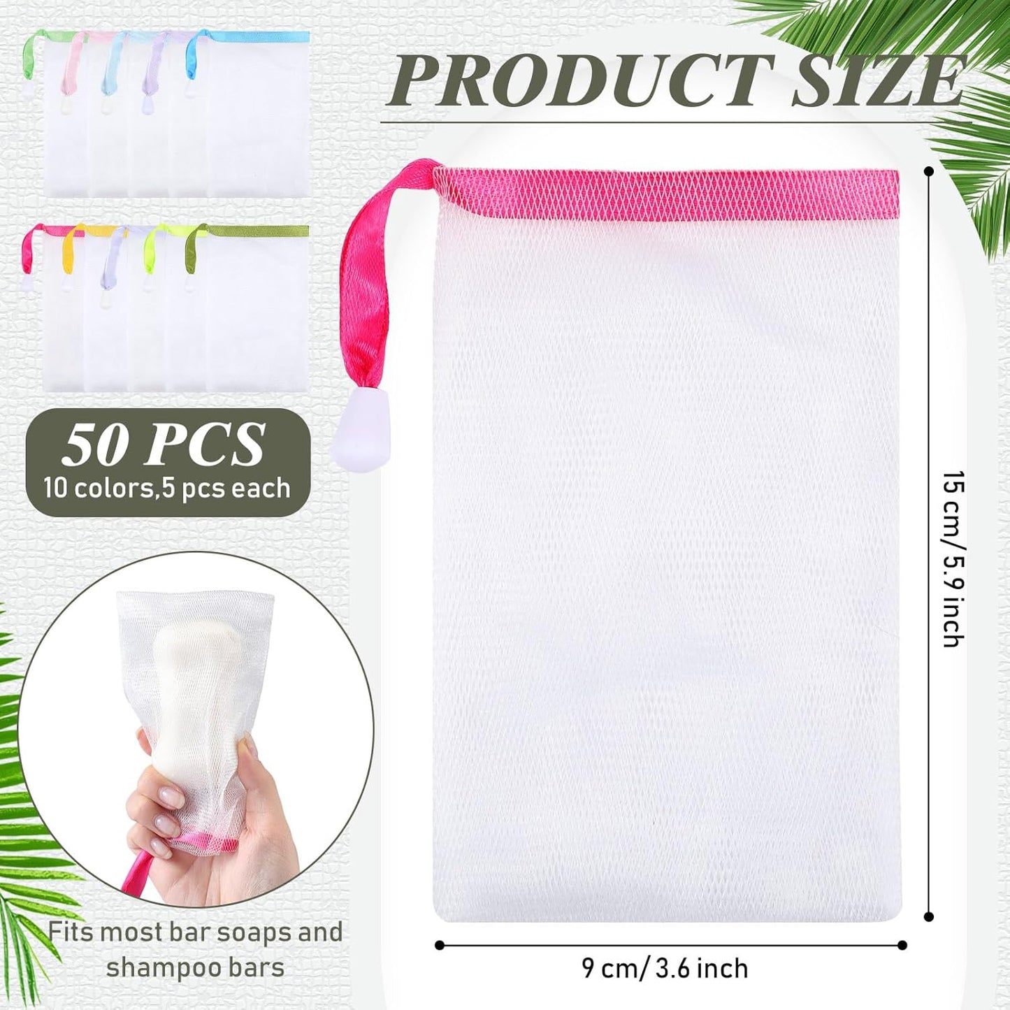 Sunnyray 50 Pcs 10 Colors Soap Bag Soft Handmade Soap Bubble Mesh Bags Exfoliating Mesh Pouch with Drawstring for Foaming and Drying for Shower Body Facial Cleaning Tool