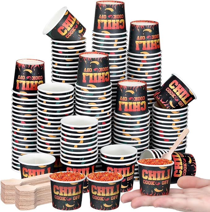 Teenyyou 400 Pcs Chili Cook off Party Decorations, 200 Pcs 2 oz Mini Chili Cookoff Paper Cups and 200 Wooden Spoons Pepper Cook off Parties Decorations for Competition Prize Party Cooking Supplies