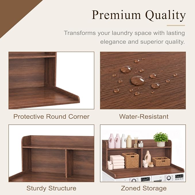 Royxen Laundry Countertop with 20" Shelf Universal Fit, Washer and Dryer Countertop with Storage Space, Laundry Room Storage (Walnut)
