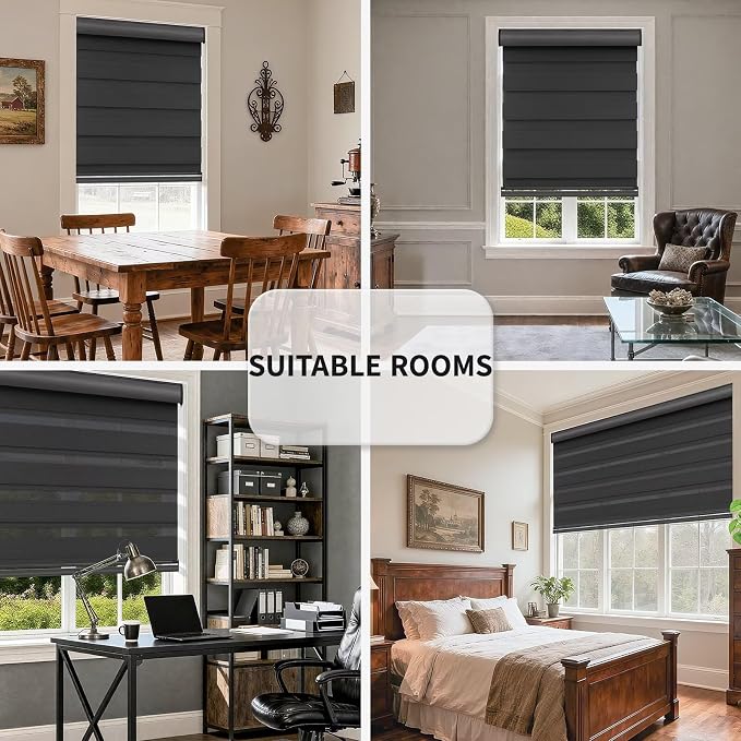 MYshade Cordless Zebra Blinds with Free-Stop Function - Dual Layer Light Filtering & Privacy Sheer Shades for Day and Night - Easy Install Window Shades for Home, Living Room, 35" W x 72" H,Black
