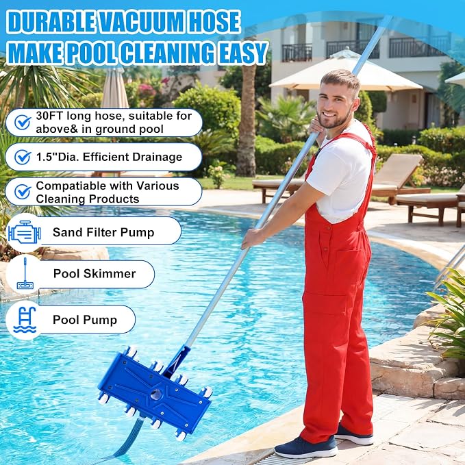 4 Pcs Swimming Pool Cleaning Kit Including Pool Vacuum Head with 1-1/2" x 30 ft Hoses Flexible Head with Wheels and Pole 14 '' Cleaning Brush for Inground Above Ground Swimming Supplies