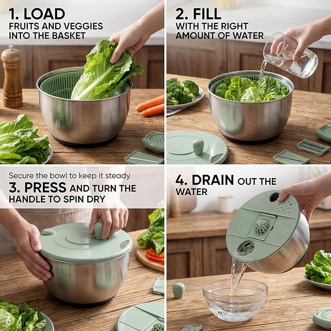 Salad Spinner with Slicer & Grater: Stainless Steel Salad Spinner, Lettuce Spinner with Drain, Non-Slip Base,Stop Button,Vegetable Dryer with 3 Blade Slicers, 1 Egg Yolk, 2 Strainer Shredders, 5.3 Qt