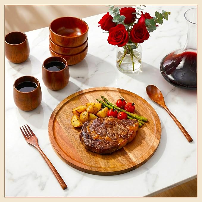 20 Pcs Acacia Wood Dinnerware Set 11.6 Inch Round Wooden Plates Bowls Tea Cups Fork Spoons Acacia Wood Tableware Supplies Easy Cleaning Lightweight for Dishes Snack Dessert, 4 Set