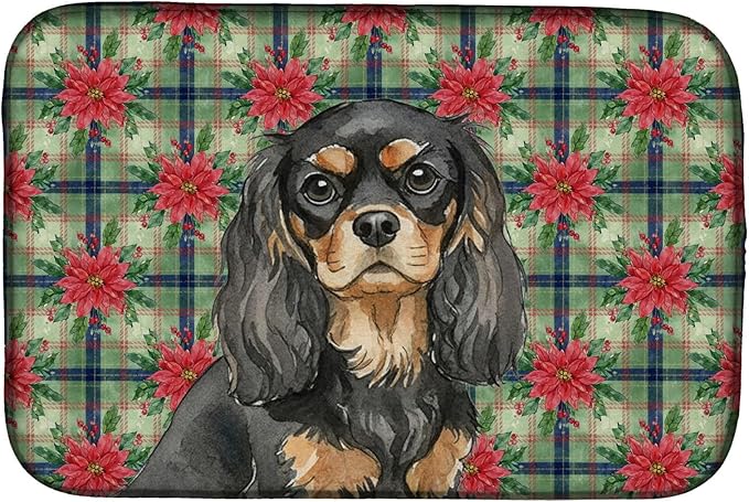 Caroline's Treasures Black and Tan Cavalier Spaniel Christmas PoinsettIas Dish Drying Mat Absorbent Dish Drying Mat Pad for Kitchen Counter Dish Drainer Mat for Countertop, 14 x 21", Multicolor