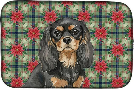 Caroline's Treasures Black and Tan Cavalier Spaniel Christmas PoinsettIas Dish Drying Mat Absorbent Dish Drying Mat Pad for Kitchen Counter Dish Drainer Mat for Countertop, 14 x 21", Multicolor