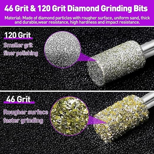 46-Grit &120-Grit Diamond Grinder Bit 1/8" Shank Compatible with Dremel Rotary Tool, 22Pcs Stone Carving Diamond Drill Bits for Carve Engrave Polish Wood Resin Porcelain Ceramic Quartz Metal