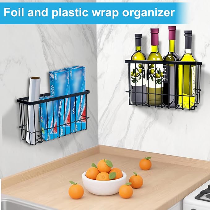 Wall Organizer Baskets, Lid Organizers Inside Cabinet with 2 Caddy Adhesive, Cabinet Door Organizer with 2 Sponges, 4 Hooks, Cabinet Door Storage for Foil Aluminum Roll, Black, 2 Pack (Small, Medium)