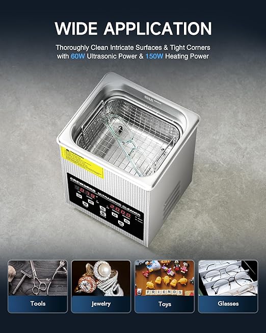 CREWORKS 2L Digital Ultrasonic Cleaner with Degas & Gentle Modes, 0.5 gal. Ultrasonic Cleaning Machine with 150W Heater & 1-30 min. Timer, 60W Professional Ultrasound Cleaner for Glasses Toys Tools
