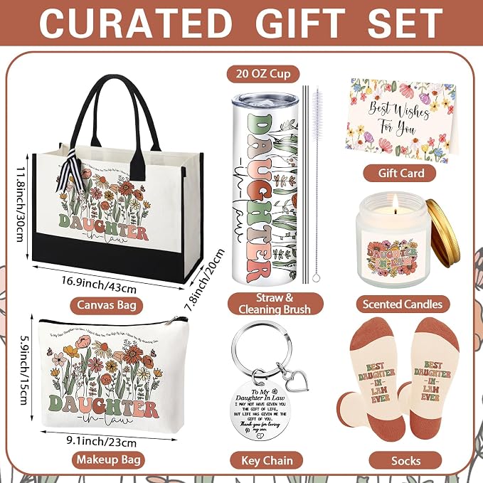Patelai 7 Pcs Daughter in Law Gifts, Mother’s Day Gifts for Daughter in Law with Tote Bag 20oz Tumbler Candle for Happy Birthday Graduation Wedding from Mom Dad Thank You Gift
