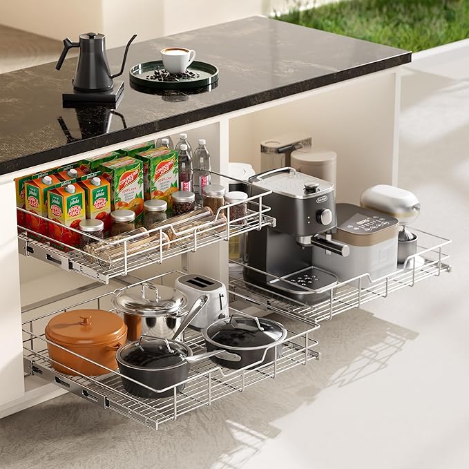 2 Tier Pull Out Cabinet Organizer 20" W X 22" D, Slide Out Drawers For Kitchen Cabinets, Pull Out Drawers For Cabinets Capacity Heavy Duty Caddy, Cabinet Pullout Shelves Chrome-Plated,Bathroom Pantry