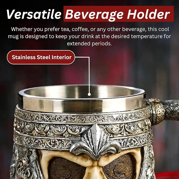Rite Edge Knight Skull Mug 500-600ml - Resin & Stainless Steel - Unique Medieval Design - Handcrafted Skull Mug - Ideal for Collectors and Fans of Knights and Medieval Fantasy
