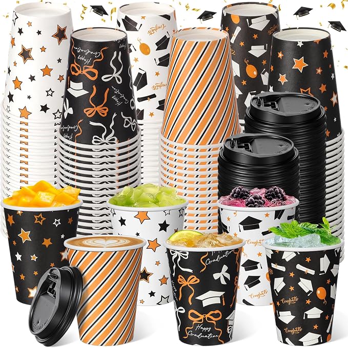FoldTier 100 Pcs Class of 2026 Graduation Disposable Coffee Cups with Lids 12 oz Graduation Paper Cups Black White Gold Disposable Party Drinkware for Hot Cold Beverages