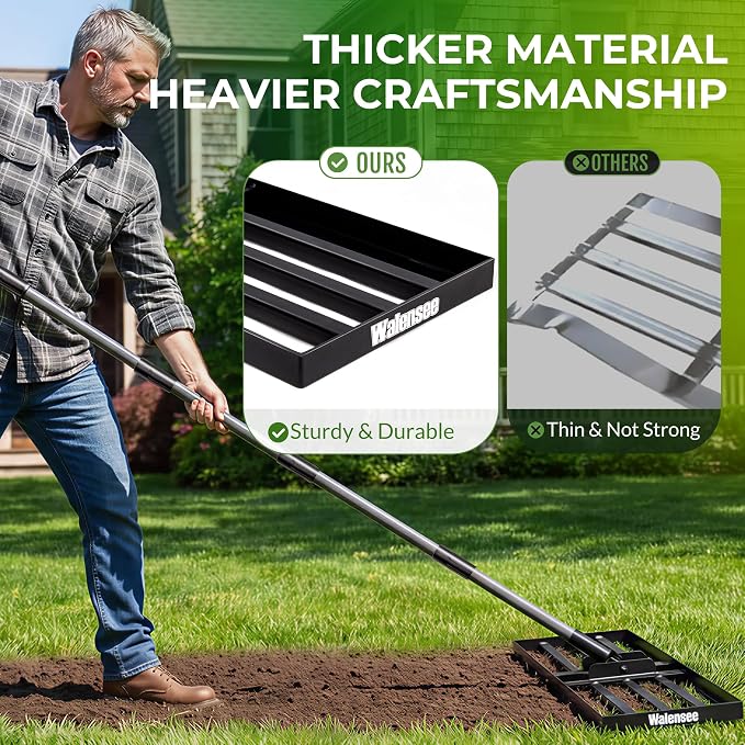 Walensee Foldable Split Lawn Leveling Rake, 30"x10" Heavy Duty Lawn Leveler Tool with 6.5FT Steel Handle, Levelawn Landscape Rake for Topdressing, Soil, Sand, Dirt, Backyard, Garden