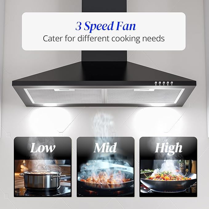 FIREGAS Black Range Hood 30 inch, Wall Mount Range Hood with LED Lights, 3-Speed Exhaust Fan, Ducted/Ductless Convertible, Aluminum Mesh Filters, Button Control, Black Kitchen Hood