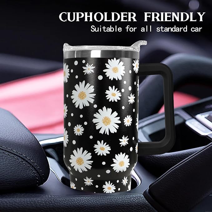 Ceovfoi 40 Oz Daisy Tumbler With Handle,Daisy Coffee Travel Mug Cup Water Bottle,Daisy Decor,Daisy Gifts for Women