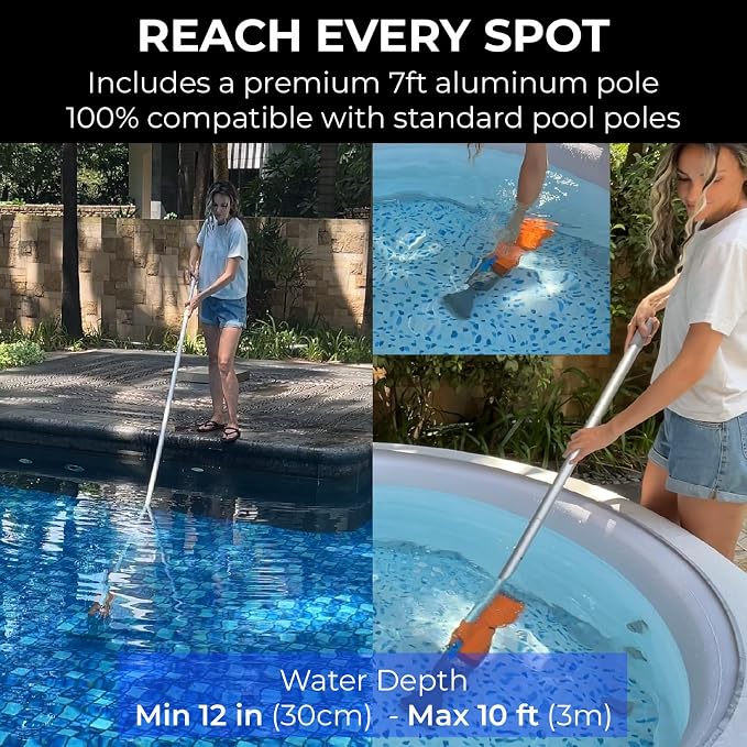 24V Cordless Handheld Pool Vacuum - 43,000Pa Hyper Suction, 3-Stage 3D Fiber Ball Micro-Filtration, Fine Filter, XL 0.3gal Canister, 7ft Pole & 2 Heads, for Inground & Above Ground Pools, Spas