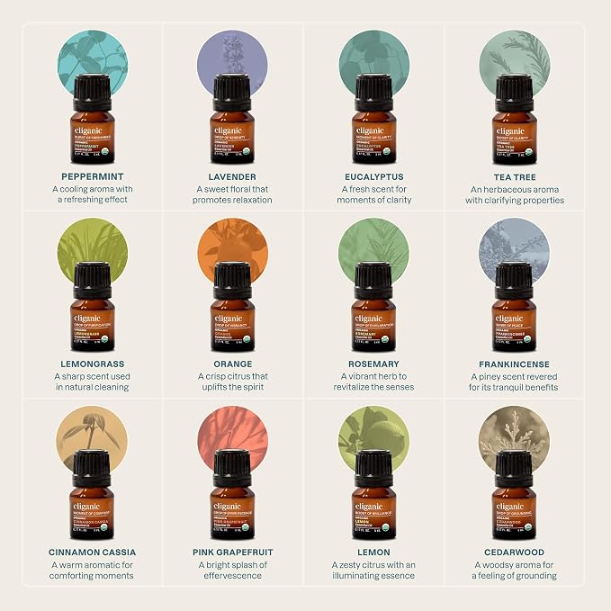Cliganic Organic Aromatherapy TOP 12 Essential Oils Set, 100% Pure - Peppermint, Lavender, Eucalyptus, Tea Tree, Lemongrass, Rosemary, Frankincense, Orange, Lemon, Cassia, Cedarwood & Grapefruit