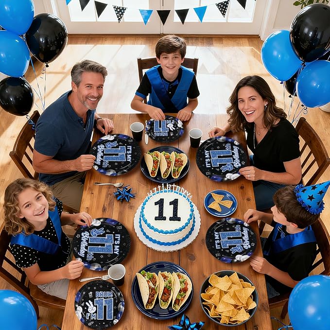 96 Pcs 11th Birthday Decorations for Boys Graduation Blue and Black Plates and Napkins Disposable Glitter It's My 11th Birthday Party Supplies for Boys Kids Teenager 11 Years Old Party Decor Serves 24