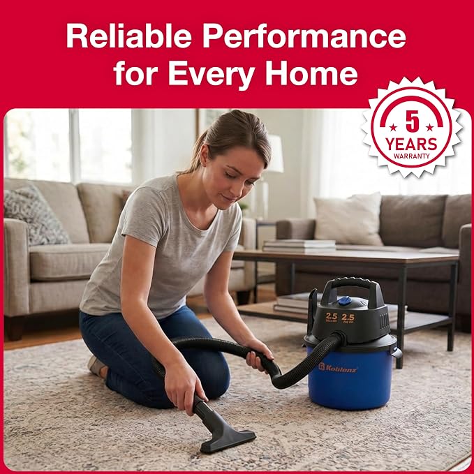 Koblenz Wet Dry Vacuum Cleaner, 2.5 Gallon 2.5 PHP, 60 CFM, 10 ft Reach, TWIST-N-LOCK Hose, Wall Mount, Small Shop Vac, Portable Shop Vac for Home Car Garage, Accessories Included, Blue/Black, WD-2.5L