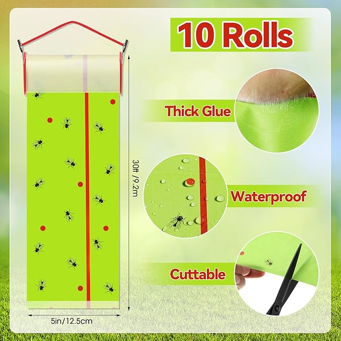10 Rolls Fly Strips Tape 30 ft Each Fly Paper Traps Indoor Outdoor Sticky Hanging Spotted Lanternfly Tree Tape for Fruitfly Plant Barn Stable(Fluorescent Green)