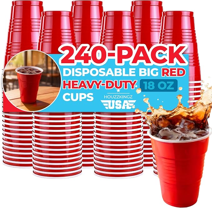 Red Plastic Disposable Cups - 18 Oz., 240 Ct. | Heavy Duty Large Party Cold Drink Plastic Cups Disposable