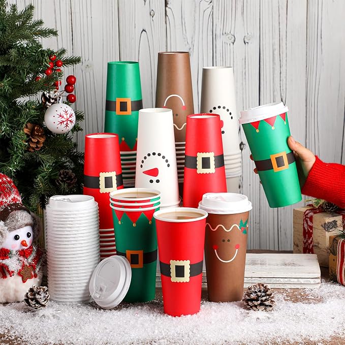 Dandat 20 oz 52 Pcs Christmas Coffee Paper Cups with Lids Disposable Christmas Paper Cups for Hot Cocoa Tea Beverage Holiday Xmas Party Supplies