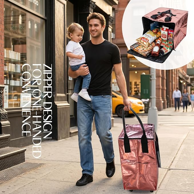 Rolling Tote Bag with Wheels Reusable Grocery Bags on Wheels for Laundry Camping Moving Waterproof