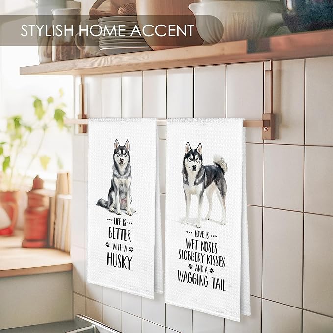 Husky Kitchen Towel Gifts for Dog Lovers Decorative Set of 2, Siberian Husky Dish Towels Dishcloths Tea Towels, Huskie Waffle Weave Microfiber Hand Towel for Kitchen Bathroom Decor 16x24